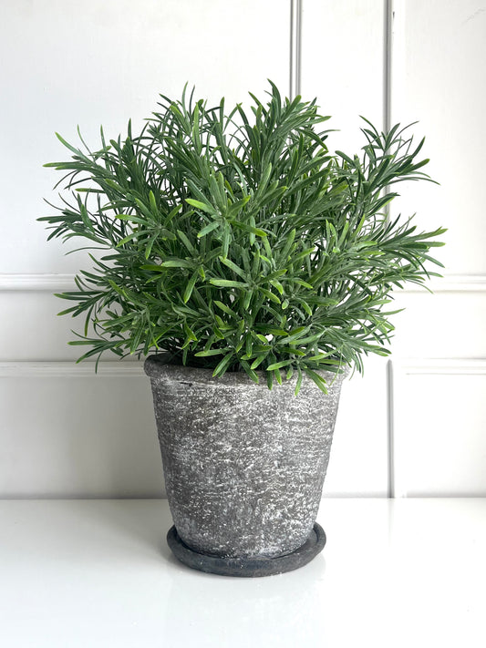 Lush green artificial rosemary set in a rustic concrete planter with tray.