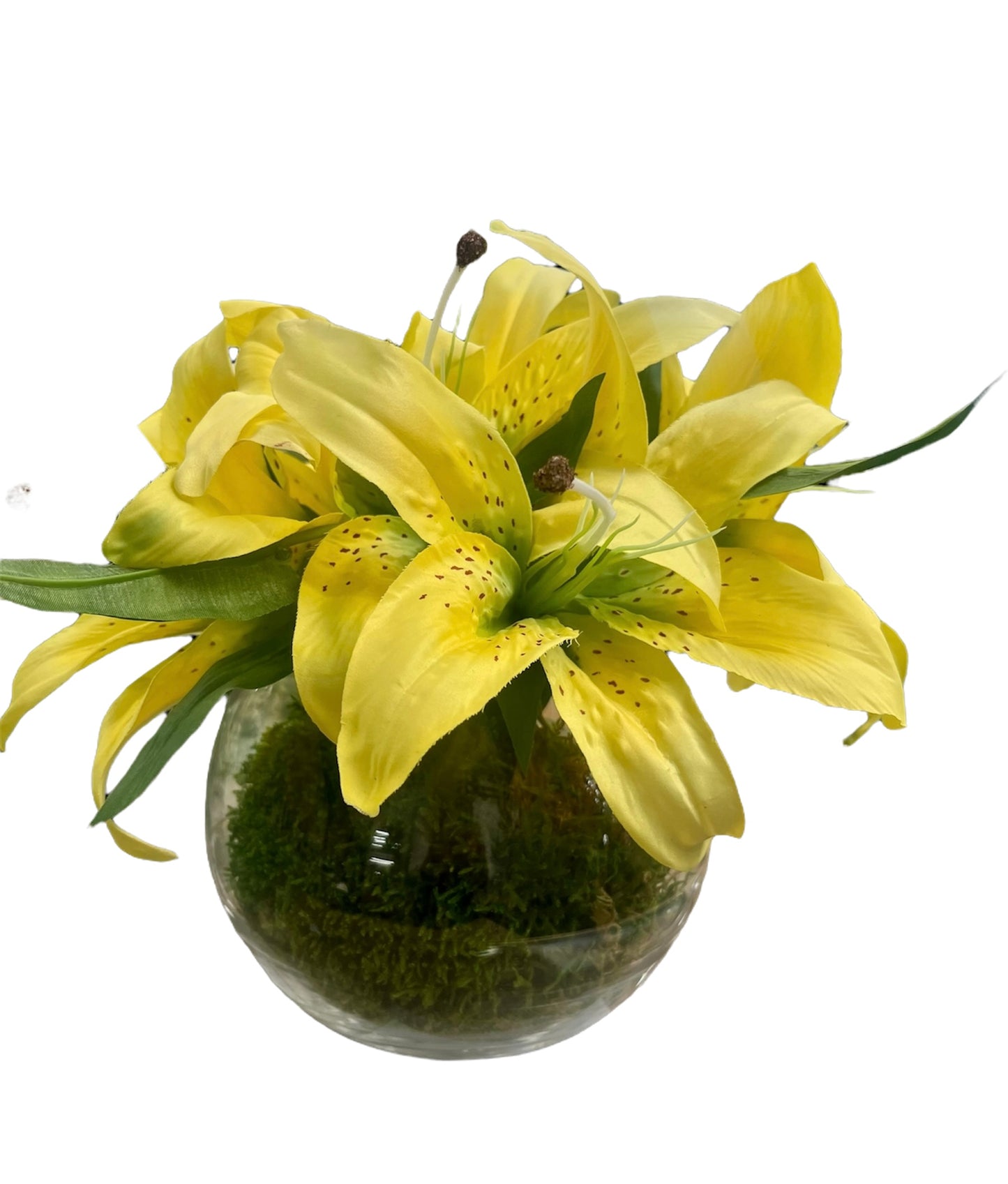 Yellow lilies in a moss lined ball vase