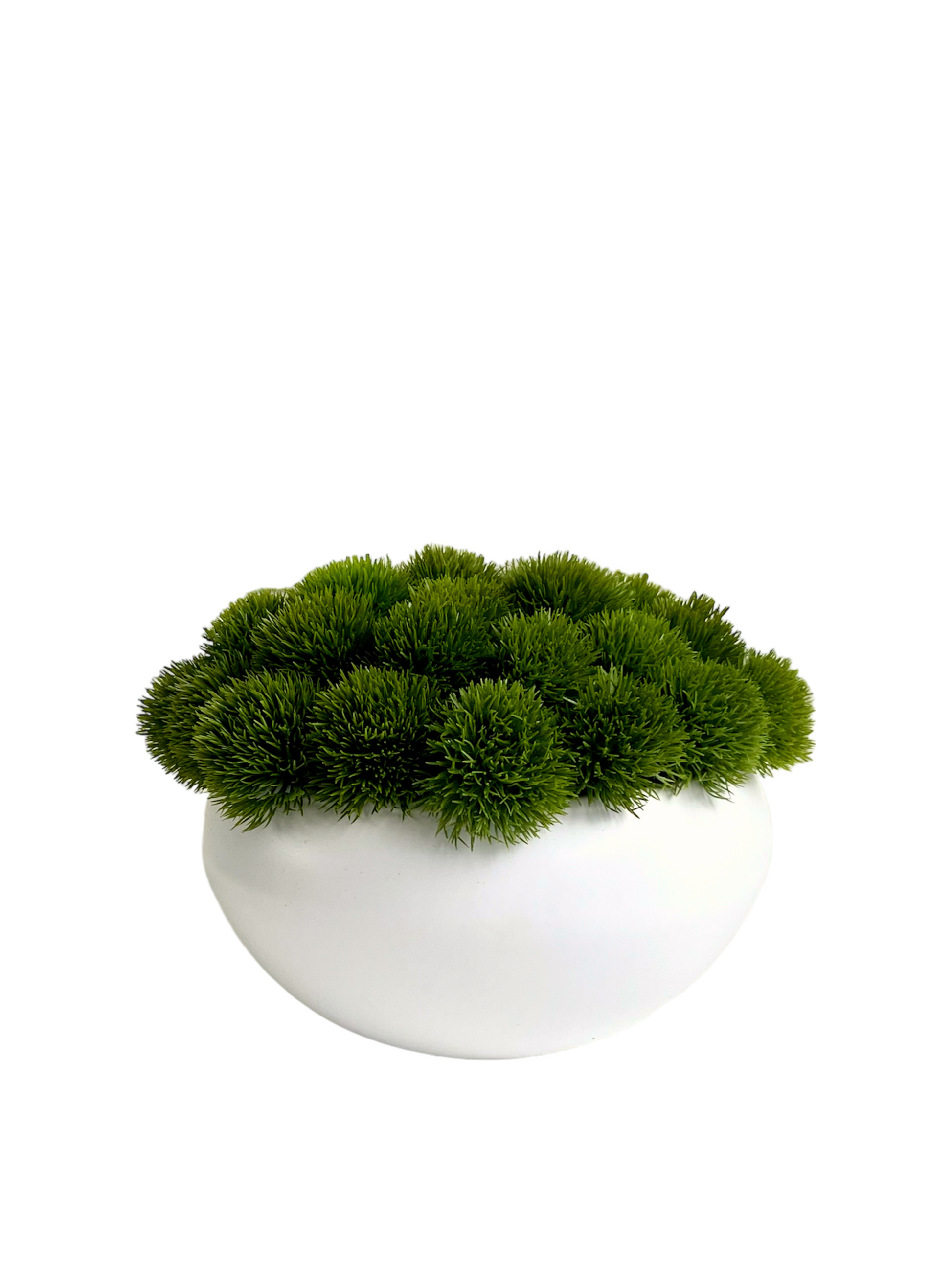 Vibrant green artificial dianthus displayed in a matt white ceramic bowl planter.