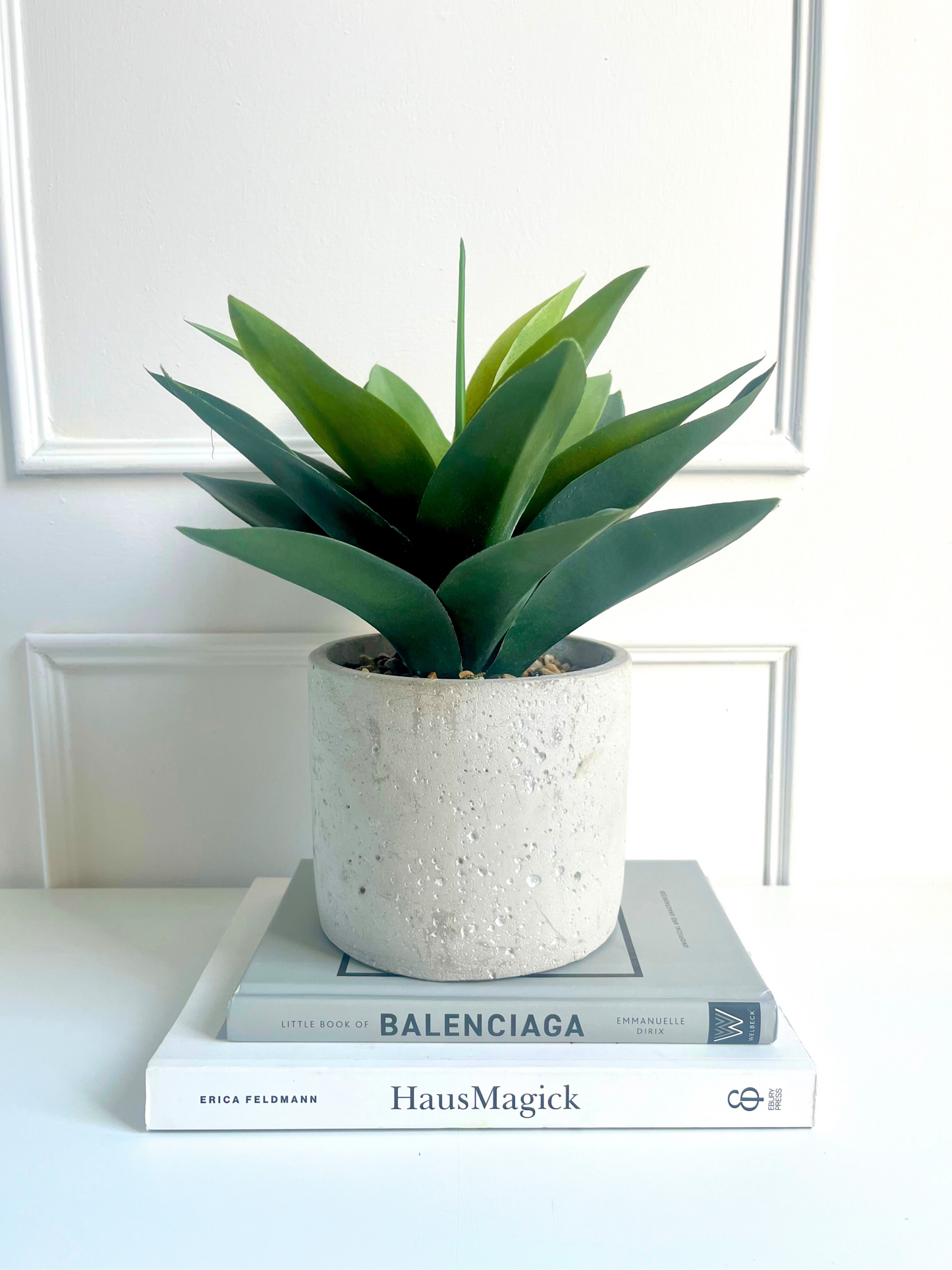 Lush green artificial agave plant set in stones in concrete planter displayed on a stack of books.