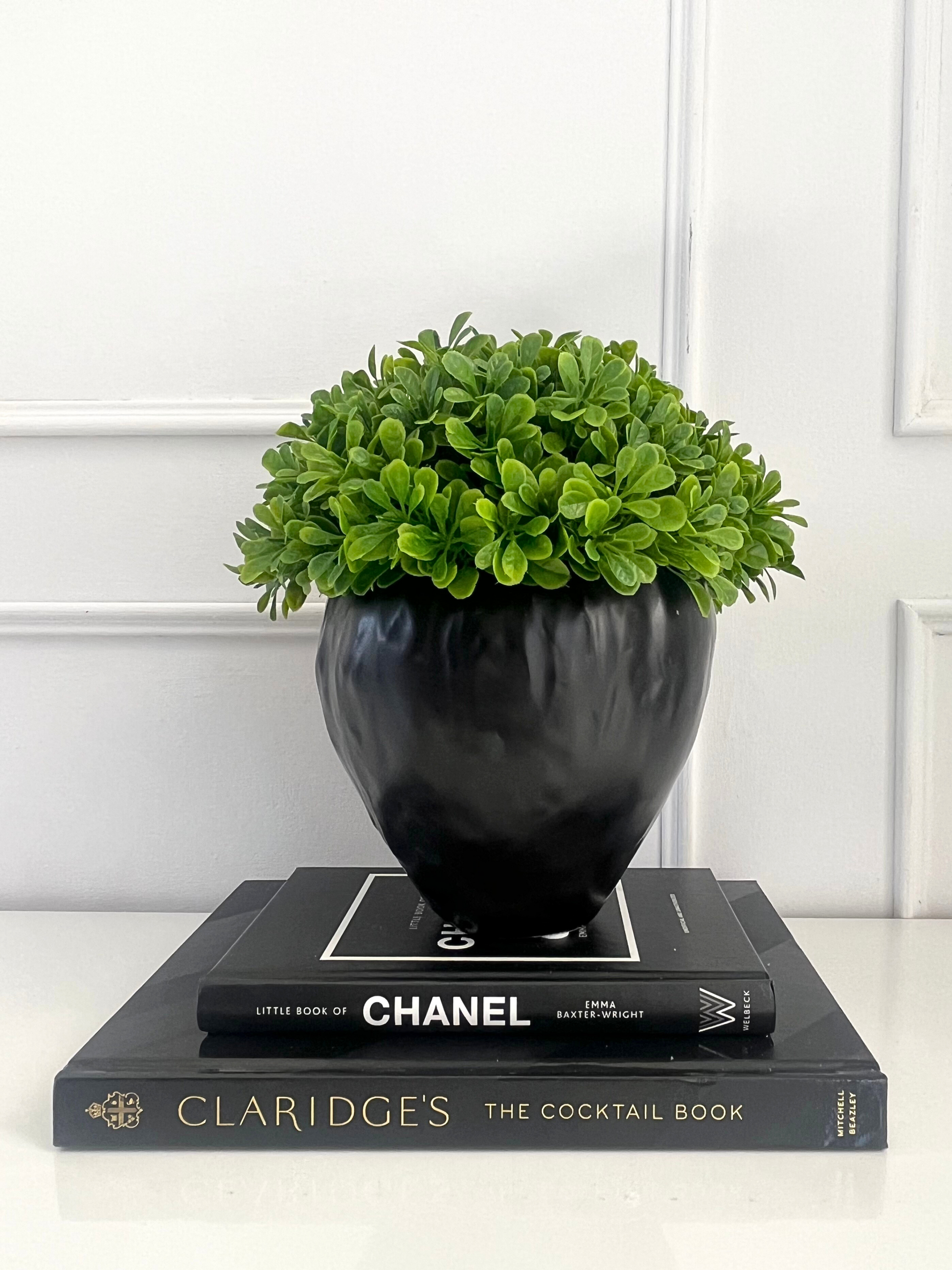 Artificial lush green buxus set in a matt black stoneware pot displayed on a stack of books.