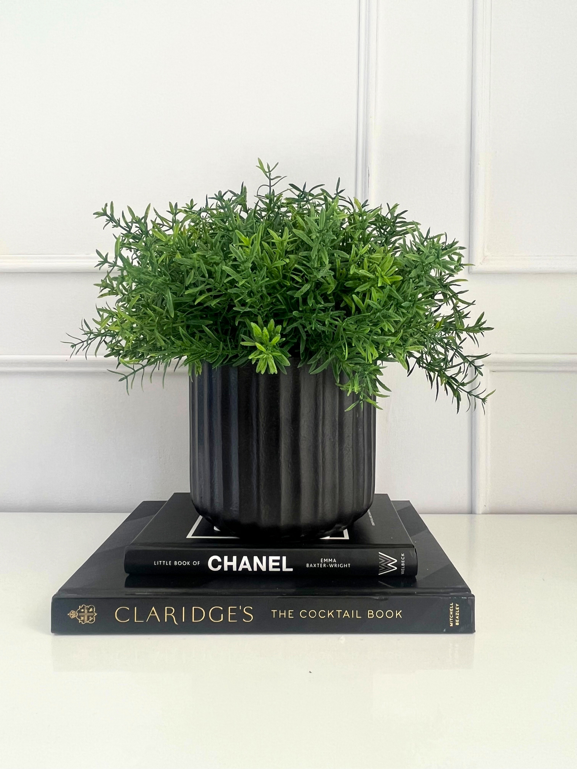 Lush green artificial rosemary set in a black ribbed porcelain ribbed planter displayed on a stack of books.