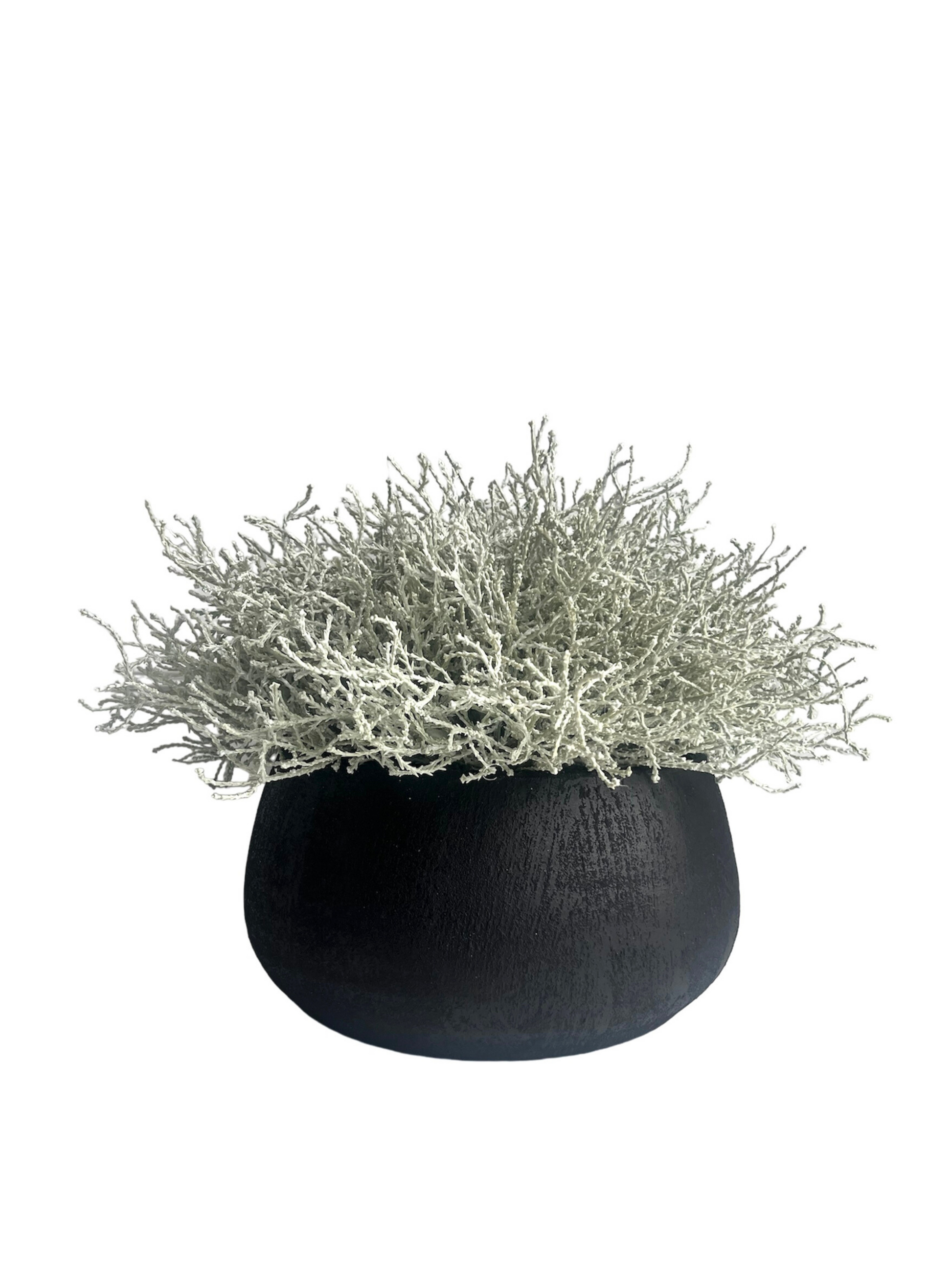 Silver grey artificial santolina set in a black melange terracotta bowl planter 