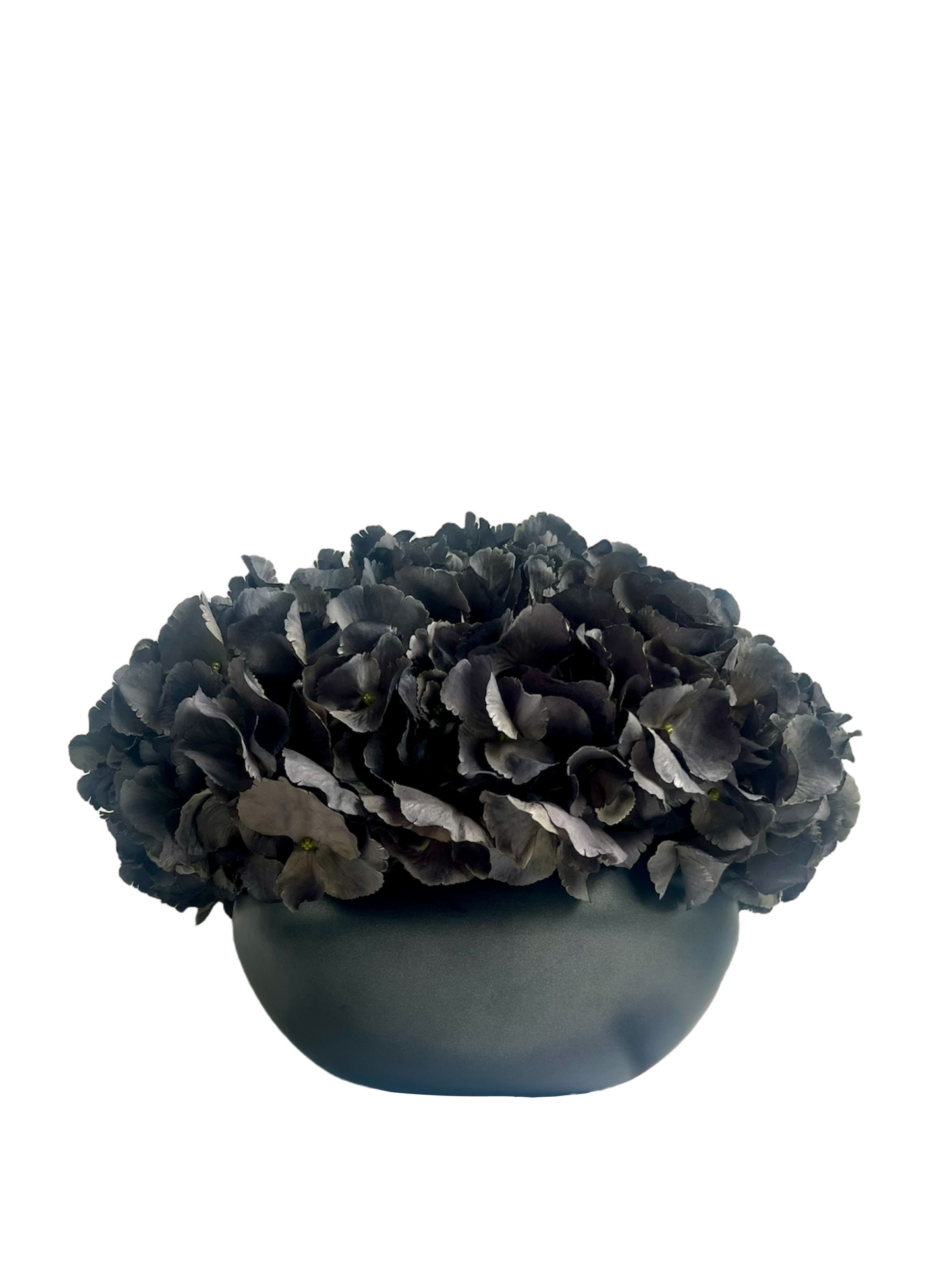 Dark grey artificial hydrangea set in a matt black ceramic bowl planter 