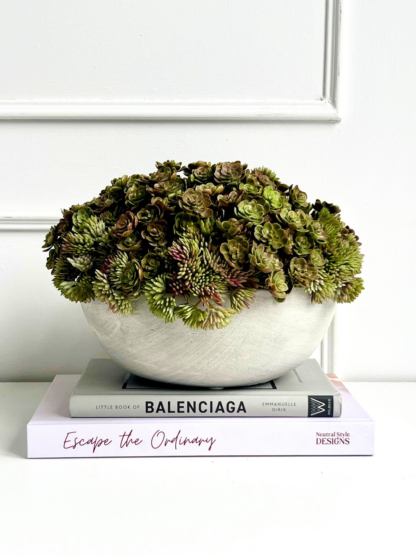 Artificial mini echeveria and angelica succulents set in a concrete bowl planter displayed on a stack of books.