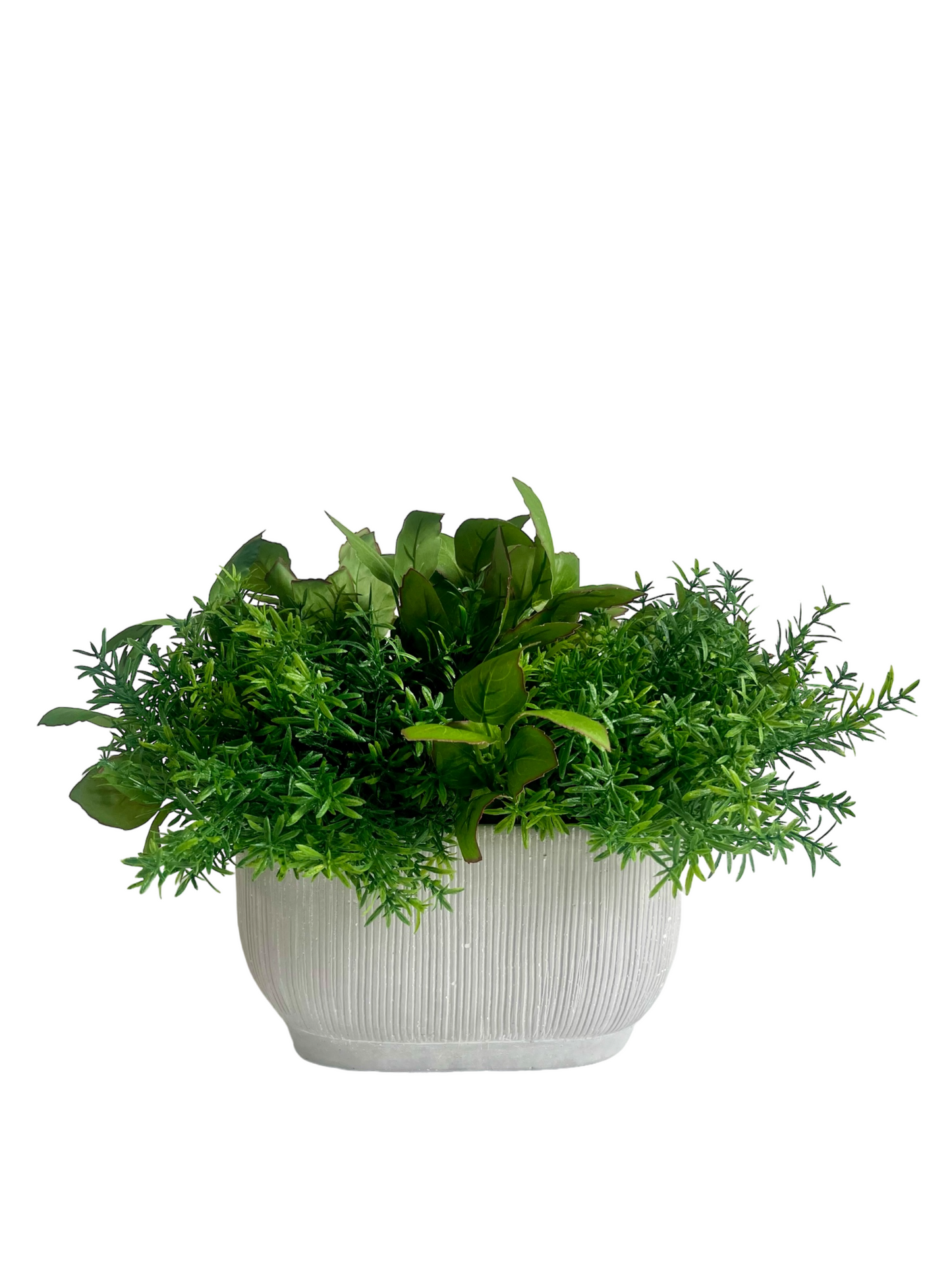 Artificial lush green rosemary and basil set in an oval ribbed concrete planter.