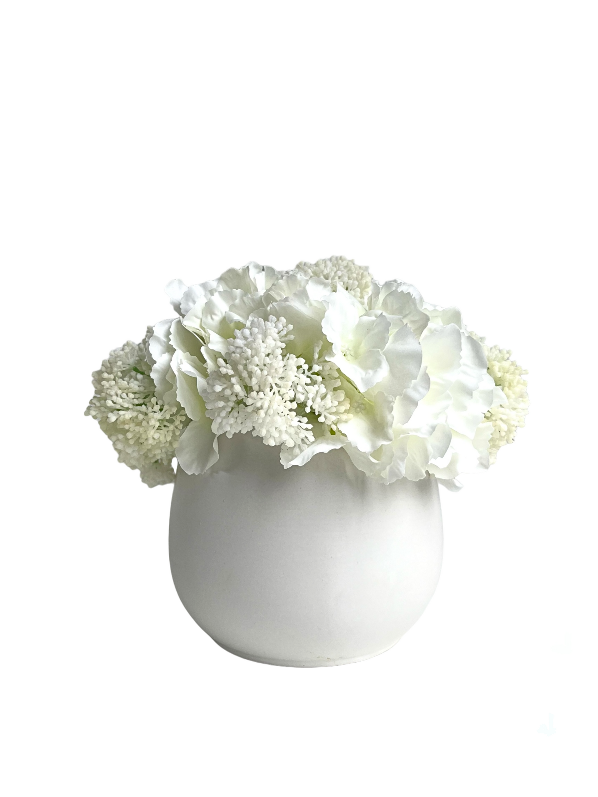 soft white artificial hydrangea and viburnum set in a matt white planter 