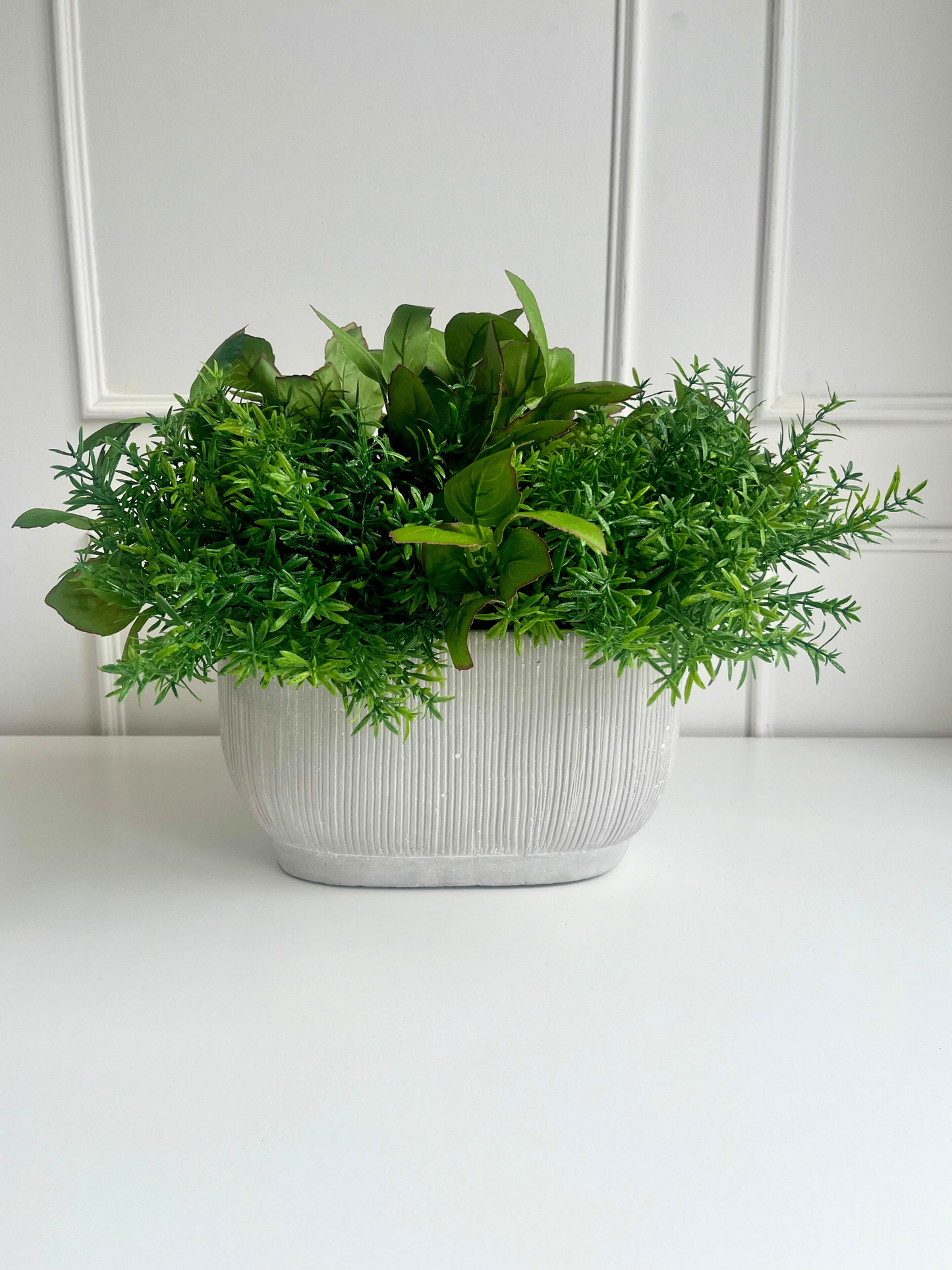 Mixed herbs in oval concrete planter