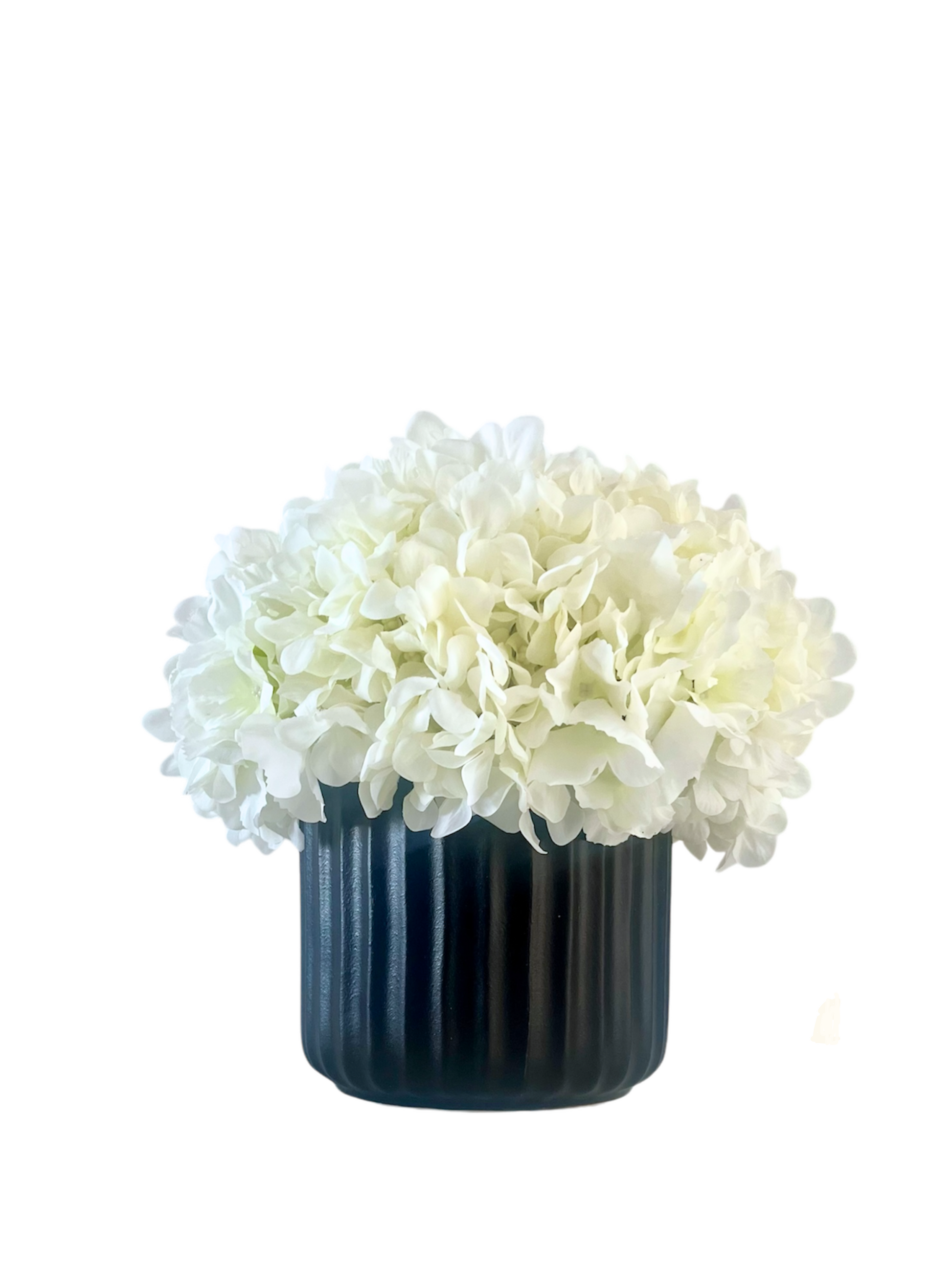 Artificial white hydrangea set in a black porcelain ribbed pot.