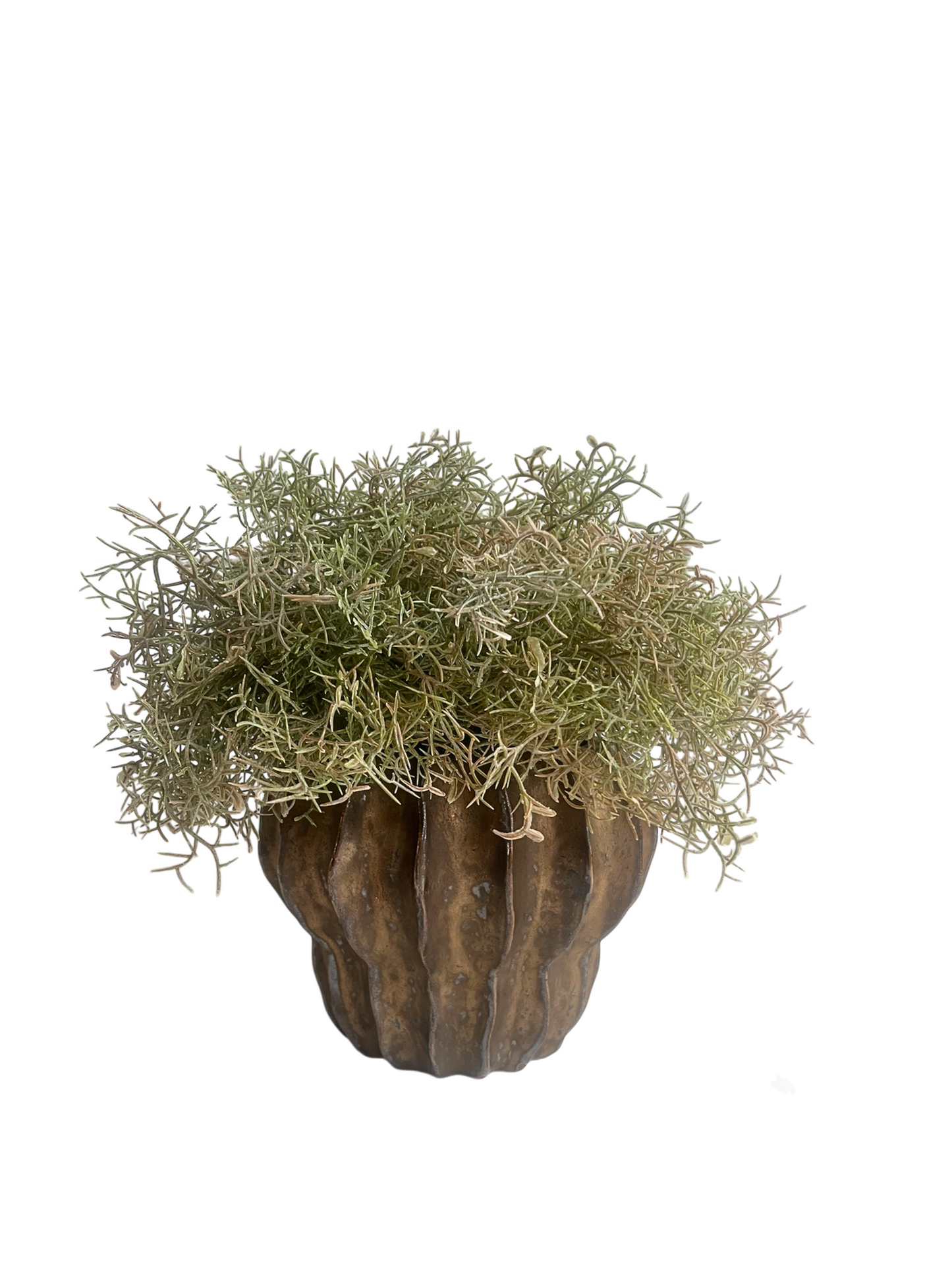 Artificial brown/green spanish moss set in a bronze coloured ridged pot.