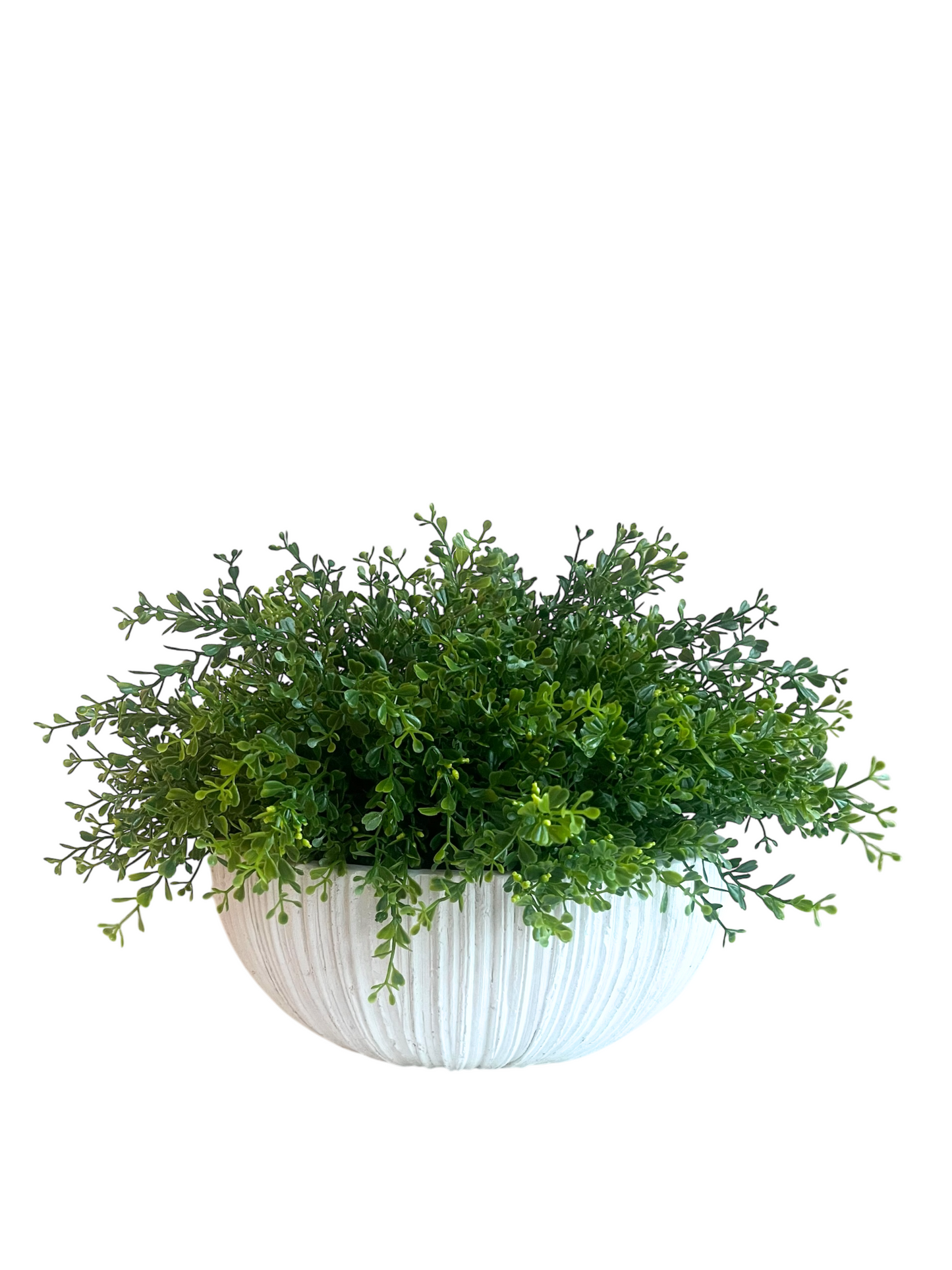 Lush green artificial mini leaf plant set in a white ceramic ribbed bowl planter.