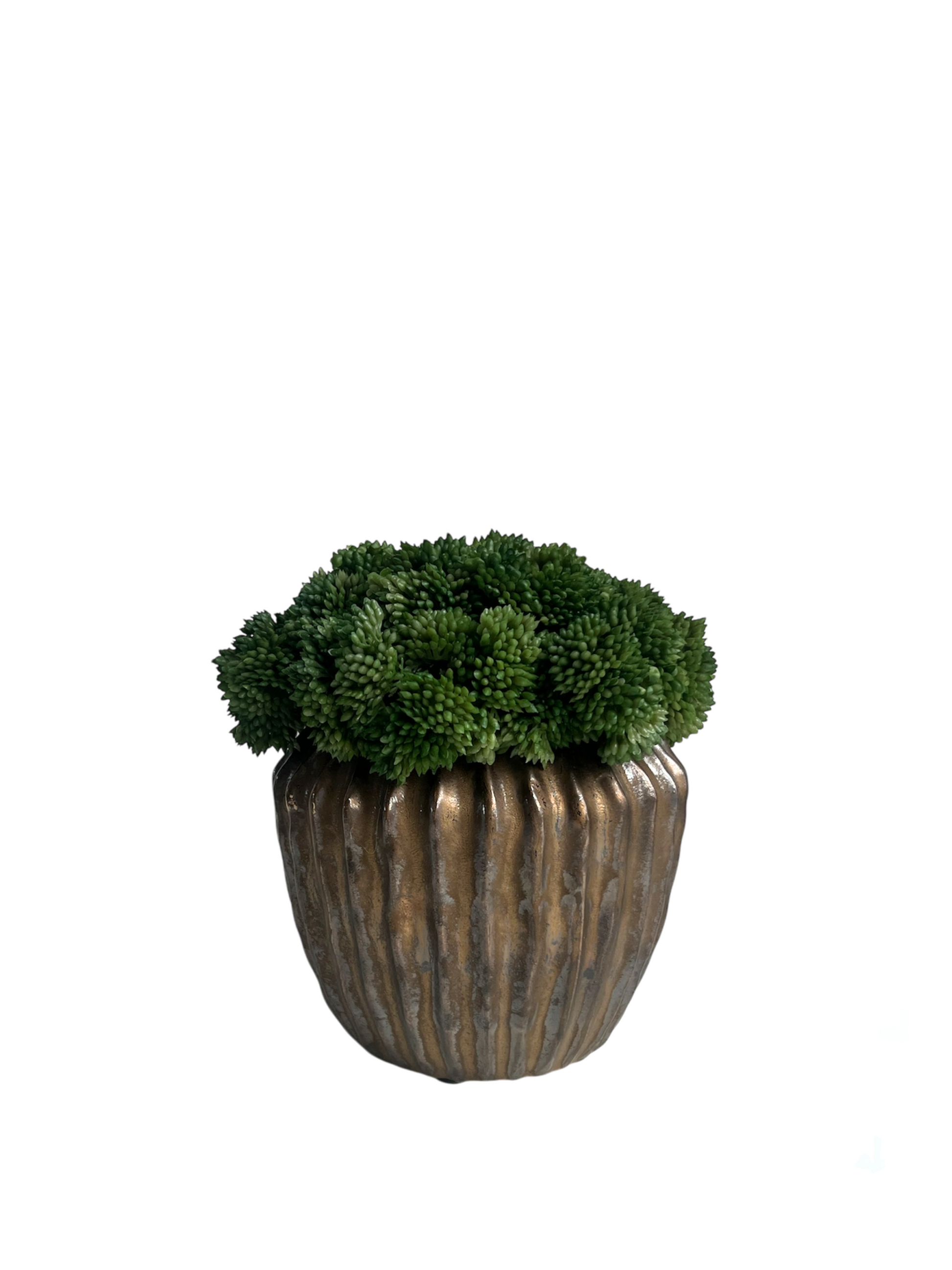 Artificial lush green sedum set in a antique bronze effect ridged pot.