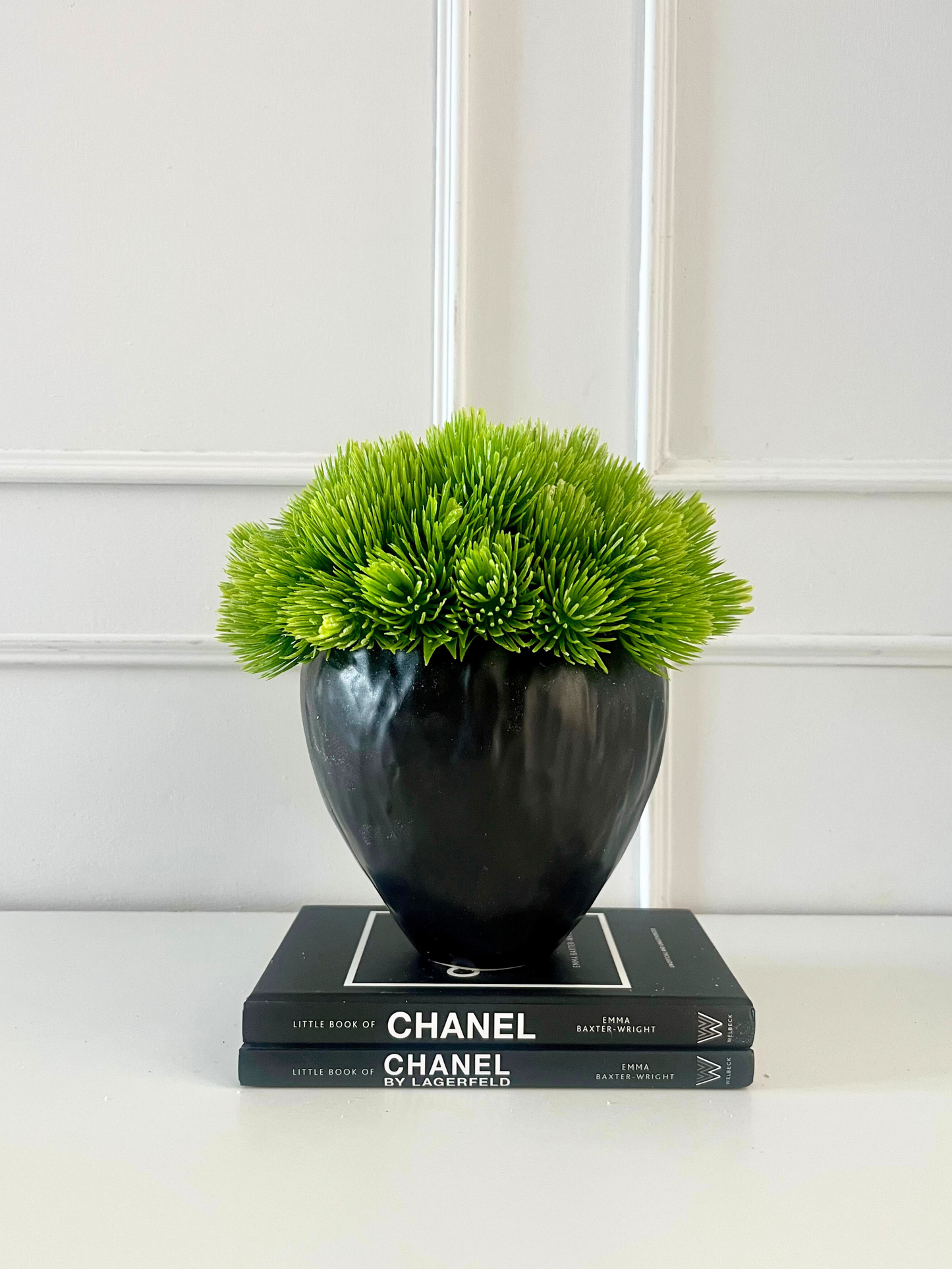 Vibrant green artificial succulent set in a black stoneware pot displayed on a stack of books.