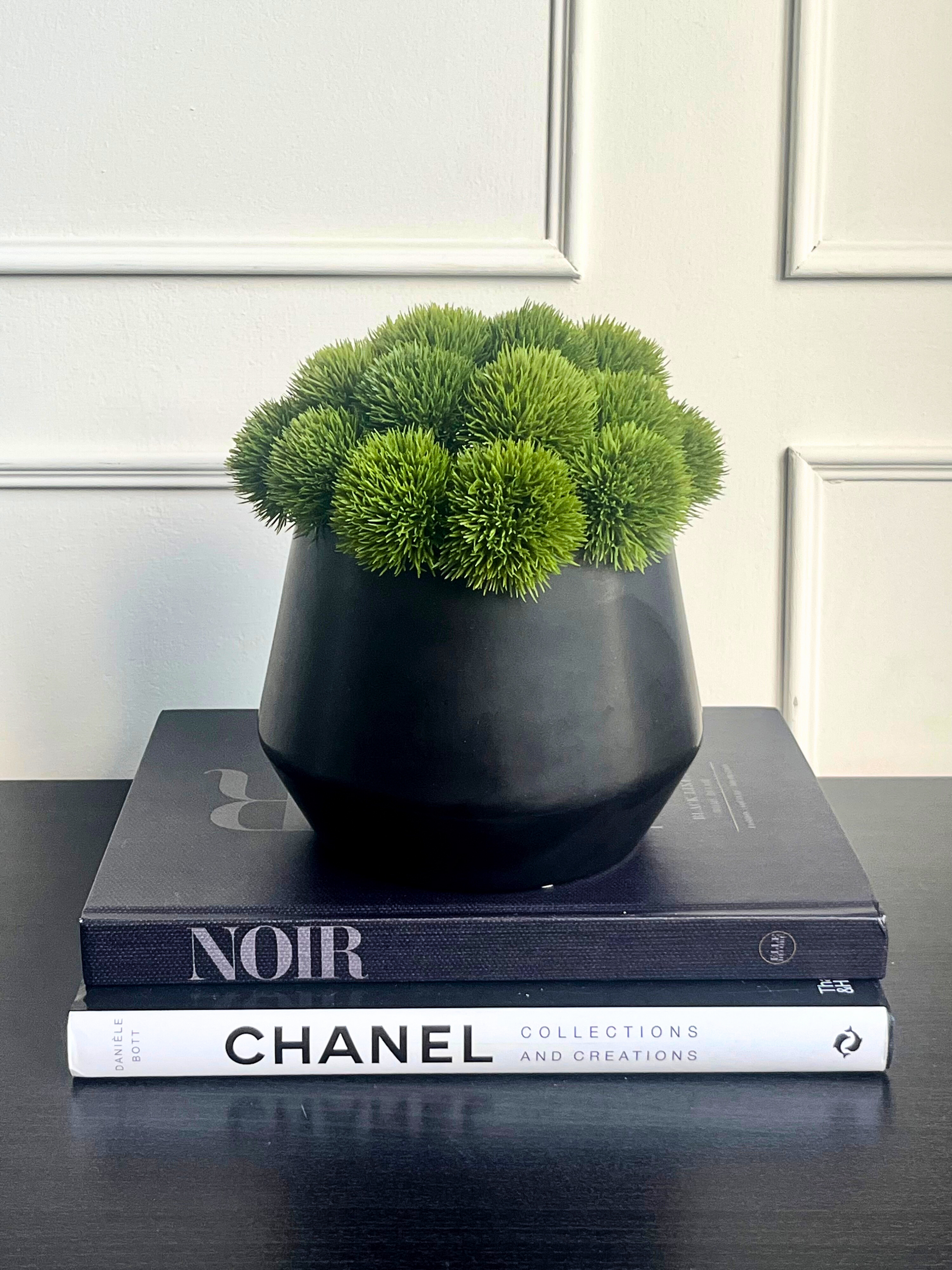 Artificial vibrant green dianthus set in a black matt plant pot displayed on a stack of books.