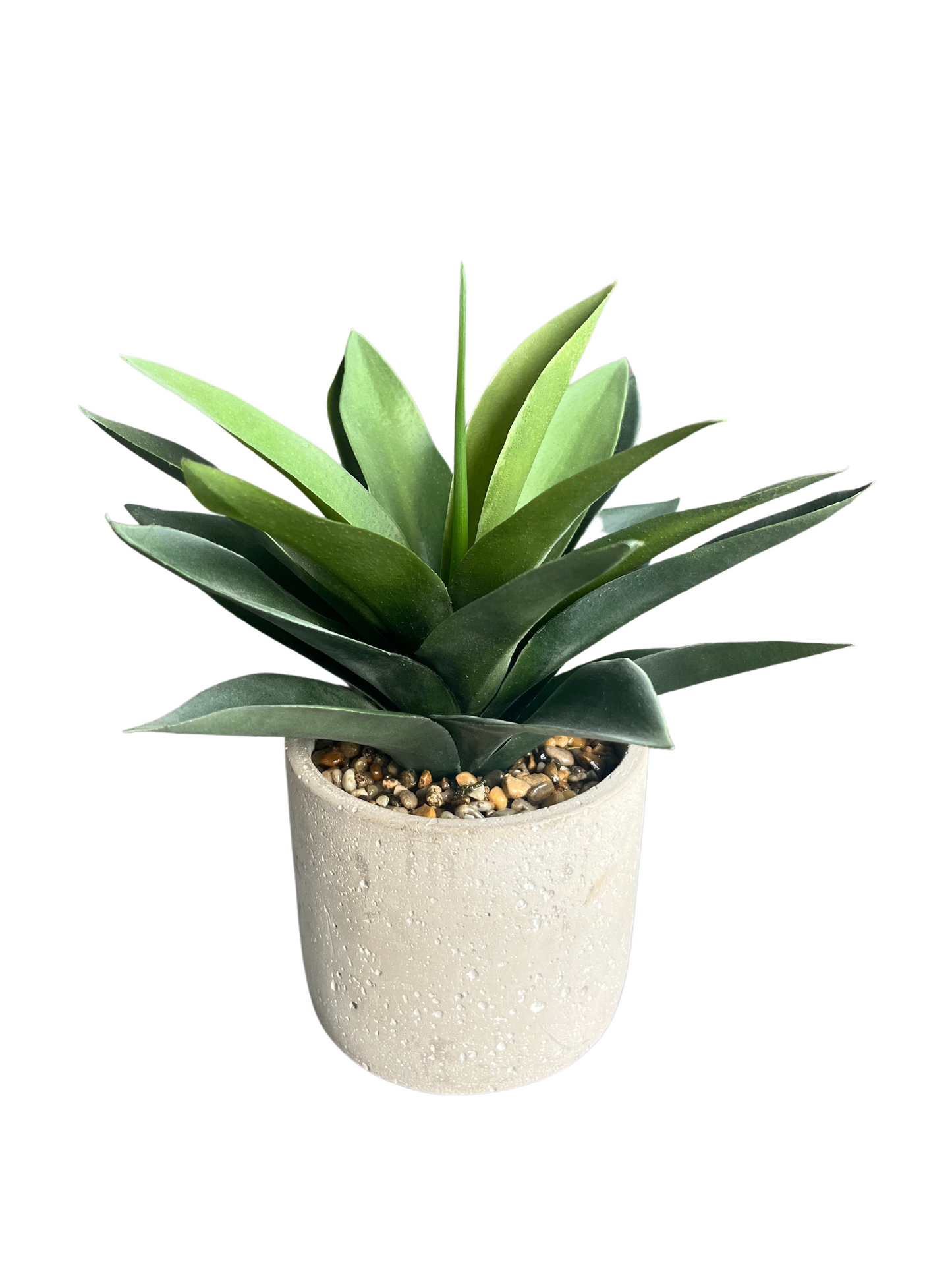 Lush green artificial agave plant set in stones in concrete planter.